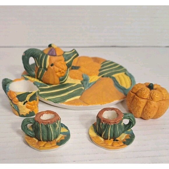Young’s Inc Mini Pumpkin Tea Set Fall Ceramic Cups Teapot Plate Cream Sugar Jar - Picture 2 of 6